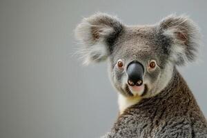 portret van koala beer, in voorkant van grijs achtergrond foto