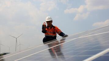 senior ingenieur maakt onderhoud en onderhoud zonne- panelen voor MKB en huizen, zonne- installatie en onderhoud, eco groen energie foto