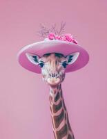 giraffe dame vervelend elegant elegant hoed. lente, modieus achtergrond. foto