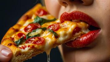 meisje aan het eten pizza dichtbij omhoog foto