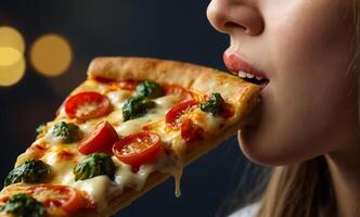 meisje aan het eten pizza dichtbij omhoog foto