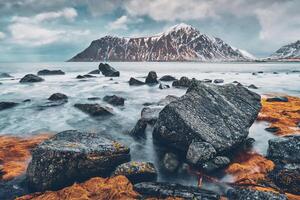 rotsachtig kust van fjord in Noorwegen foto