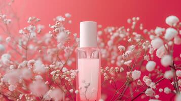 een wit serum in roze achtergrond met bloemen. foto