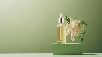 een fles van gezicht olie is geplaatst Aan bovenkant, een bloem hangende door het, tegen een groen achtergrond. foto