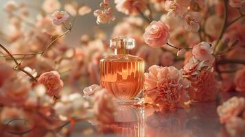 een fles van parfum omringd door bloeiend bloemen. foto