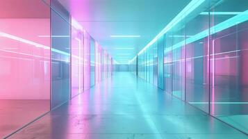 een lang gang met glas muren, blauw en roze neon licht, futuristische architectuur. foto