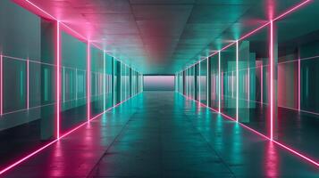 een lang gang met glas muren, blauw en roze neon licht, futuristische architectuur. foto