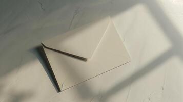 een mockup van een envelop Aan een neutrale achtergrond met elegant schaduwen. foto