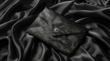 een luxueus zwart envelop aan het liegen Aan een rijk getextureerde satijn kleding achtergrond. foto