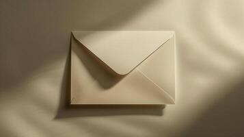 een mockup van een envelop Aan een neutrale achtergrond met elegant schaduwen. foto