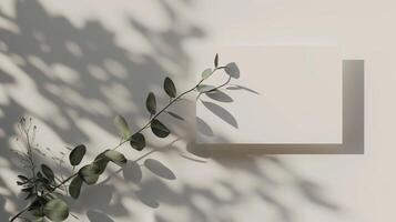 een lat leggen kaart mockup versierd met eucalyptus branche en bloemen. foto