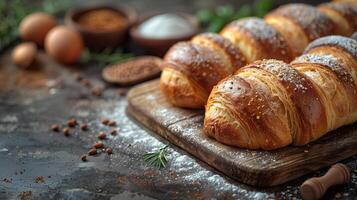 vers gebakken brood omringd door voedsel en specerijen Aan donker achtergrond. foto