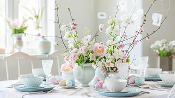 Pasen tafellandschap decoratie, bloemen vakantie tafel decor voor familie viering, voorjaar bloemen, Pasen eieren, Pasen konijn en wijnoogst servies, Engels land en huis styling foto