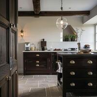 op maat gemaakt keuken ontwerp, land huis en huisje interieur ontwerp, Engels platteland stijl vernieuwing en huis decor foto