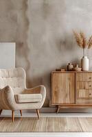 Scandinavisch elegantie beige fauteuil en houten kabinet in modern leven kamer foto