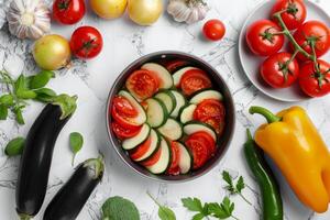 kleurrijk assortiment van vers ingrediënten bereid voor fijnproever ratatouille Aan een chique wit marmeren tafel foto