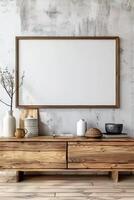 rustiek elegantie in een modern zolder houten dressoir en blanco canvas wachten inspiratie foto