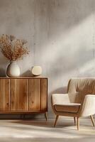 Scandinavisch elegantie beige fauteuil en houten kabinet in modern leven kamer foto