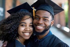 gelukkig Afrikaanse Amerikaans paar studenten in diploma uitreiking jurken en hoeden nemen foto samen, poseren Bij Universiteit campus buiten, genieten van en vieren diploma uitreiking, detailopname portret