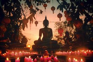 vesak dag concept boeddha's silhouet tegen een achtergrond van bomen, lantaarns en brandend kaarsen. Boeddha purnima dag. foto