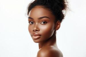schoonheid portret van Afrikaanse Amerikaans meisje met schoon gezond huid Aan wit achtergrond, gezicht zorg, gelaats behandeling, kunstmatig, cosmetologie, schoonheid en spa foto