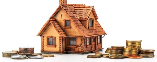 huis spaargeld en investering gesymboliseerd door een klein huis en toenemend munt stapels, markeren slim financieel strategieën in onroerend goed foto