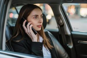 zakelijke besluitvorming Aan de Gaan zakenvrouw duurt een telefoontje in haar auto foto