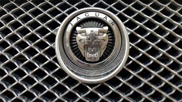 Oekraïne, Kiev - 27 maart 2020. vergrote weergave van het jaguar-logo op een nieuwe auto-radiatorgrill. opgericht in 1922, de Britse multinationale fabrikant van luxe auto's met hoofdkantoor in Coventry, Engeland. foto