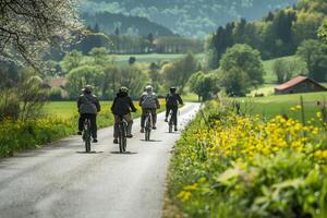 wielersport naar beneden een landelijk weg, omringd door natuur Aan fietsen foto