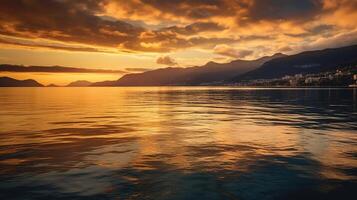 helder zonsondergang gouden wolken reflecteren in de water ai gegenereerd beeld foto