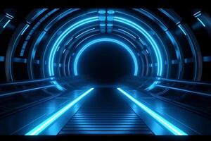 3d abstract achtergrond met neon lichten. neon tunnel.ruimte bouw. 3d illustratie ai gegenereerd foto