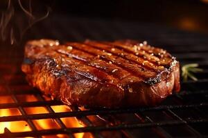 foto een smakelijk rundvlees steak gebakken Aan de rooster belijdt