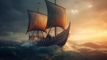 viking schip het zeilen Aan kalmte zee met golven lappin foto