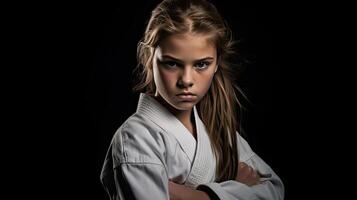 een karate meisje met zwart riem. taekwondo. generatief ai foto