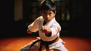 Aziatisch jongen karate krijgshaftig kunsten. taekwondo. generatief ai foto