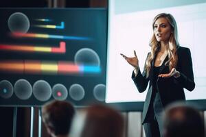 bedrijf vrouw spreker Aan stadium Bij conferentie Holding een presentatie van een nieuw Product, bedrijf vrouw hebben een lezing over digitalisering, generatief ai. foto