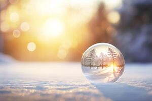 Kerstmis snuisterij glas bal Aan sneeuw.vrolijk Kerstmis en gelukkig nieuw jaar concept. foto