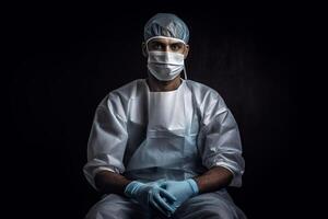 volwassen knap wit dokter in medisch kiel handschoenen masker en pet poseren in de buurt de geröntgend Bij de wit operatie kamer kopiëren ruimte, generatief ai foto