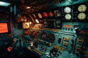 een detailopname beeld van de controle paneel binnen een onderzeeër commando centrum, met verlichte toetsen en toont, vastleggen de high Tech en geavanceerde natuur van de schip. generatief ai foto