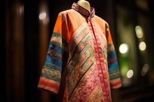 een kleurrijk zijdeao dag, de traditioneel Vietnamees tuniek jurk versleten door Dames. focus Aan de elegant kledingstukken dat zijn voorzichtig bewerkte en geslaagd naar beneden door generaties. generatief ai foto