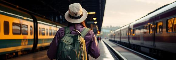 weekend zwerver, alleen Bij spoorweg station, wit hoed, rugzak, trein avontuur ai gegenereerd foto