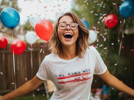 vrolijk vrolijk feestelijk vrouw met Hollywood glimlach lacht uit van vreugde beweegt zorgeloos en dansen naar muziek- heeft pret maakt gelukkig vakantie foto viert verjaardag omringd door bal, generatief ai