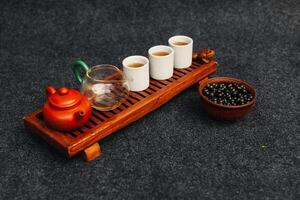 Chinese thee ceremonie Aziatisch houten tafel bord chaban top visie kopiëren ruimte ochtend- energie. foto
