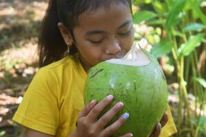 tasikmalaya, ts, 2023 - een meisje drankjes groen kokosnoot water direct van de fruit in een dorp in tasimalaya, west Java foto