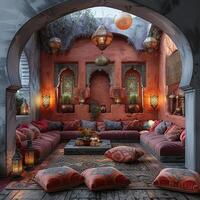 ai gegenereerd Marokkaanse stijl lounge met rijk kleuren lantaarns foto