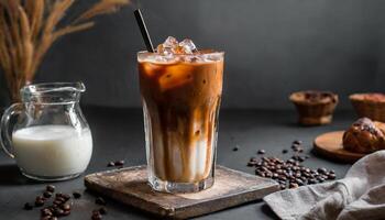 ai gegenereerd glas van bevroren koffie met melk Aan de tafel foto