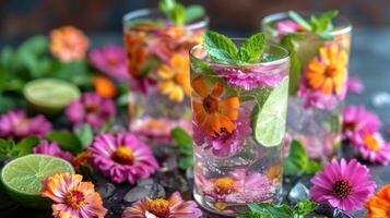 ai gegenereerd drie metselaar potten met limonade en bloemen foto