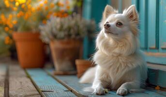 pluizig voogd Aan een huis achtergrond, een wit spitz's rustig aanwezigheid is betoverend foto