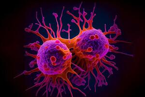 kanker cellen vernietigd door oncogeen virus, cel wijzigen virus, biologisch behandeling agenten. 3d renderen generatief ai foto