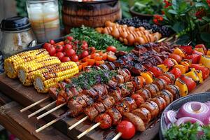 tafel met zomer voedsel zo maïs Aan de maïskolf, gegrild vlees, heet honden, vegetarisch spiesjes, borden van rijp en kleurrijk fruit of groenten, foto